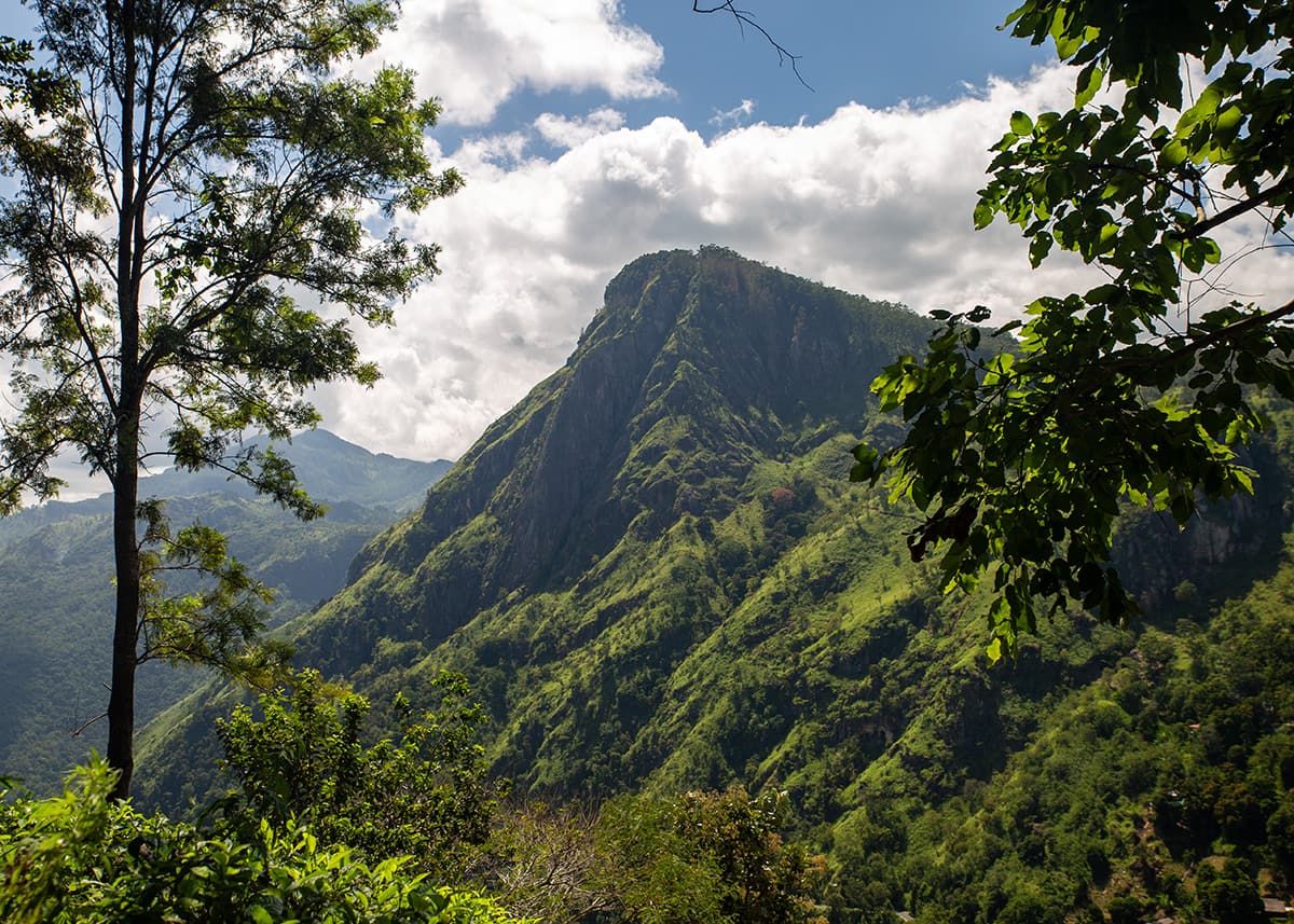 Panoramic view from Ella Rock in Ella, Sri Lanka, showing steep green mountains under partly cloudy skies. Trees frame the foreground. The light is bright with scattered clouds.
