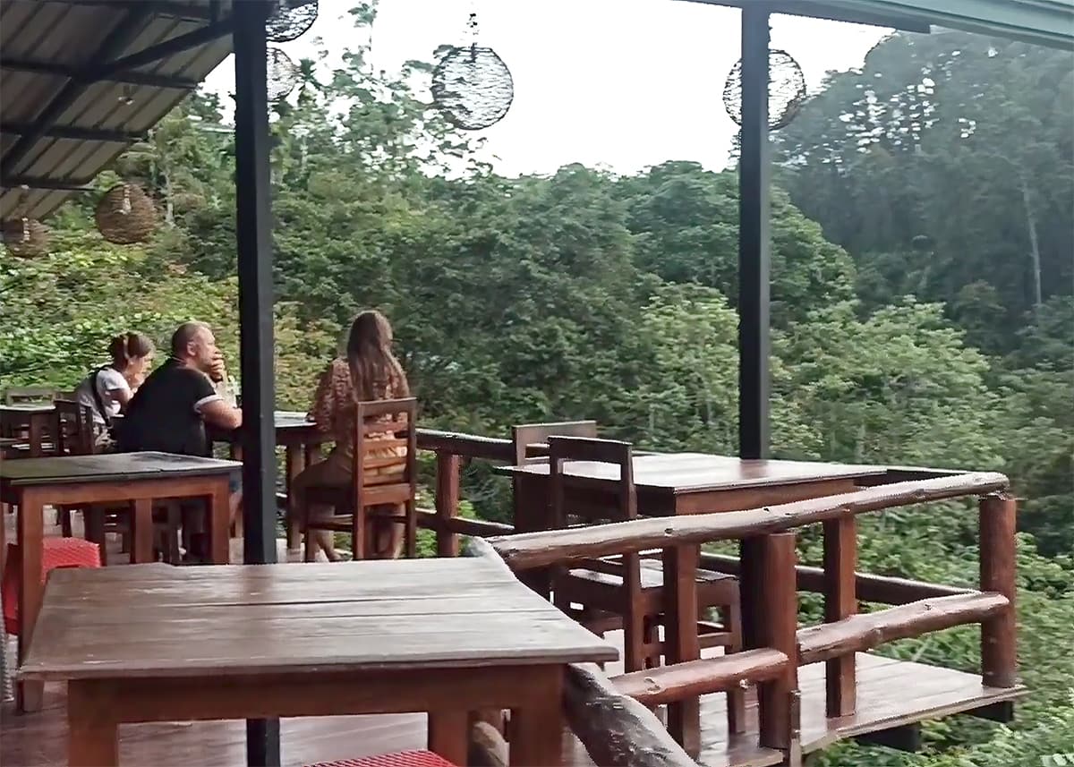 Family-friendly café terrace overlooking lush jungle hills in Ella, Sri Lanka. Wooden tables and chairs sit under a covered deck as visitors relax and enjoy the view. The sky is cloudy with soft daylight.