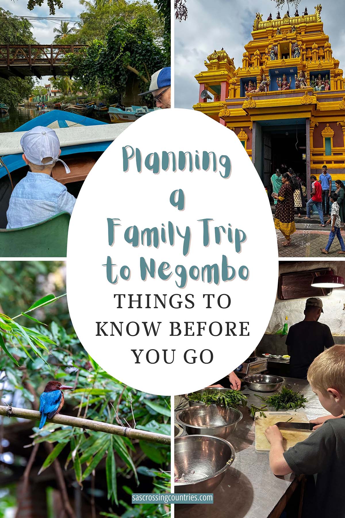 Cover image for a family travel blog post titled "Planning a Family Trip to Negombo: Things to Know Before You Go". The blog URL "www.sascrossingcountries.com" is visible at the bottom.