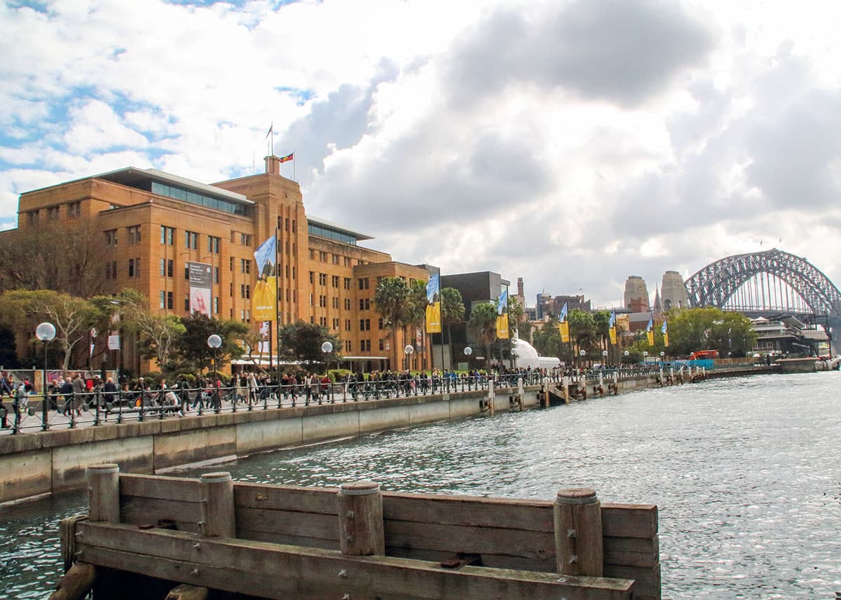 Sydney Harbour waterfront near Circular Quay with the MCA and the Sydney Harbour Bridge visible in the background beneath heavy clouds. Crowds walk along the promenade beside the water and historic buildings.