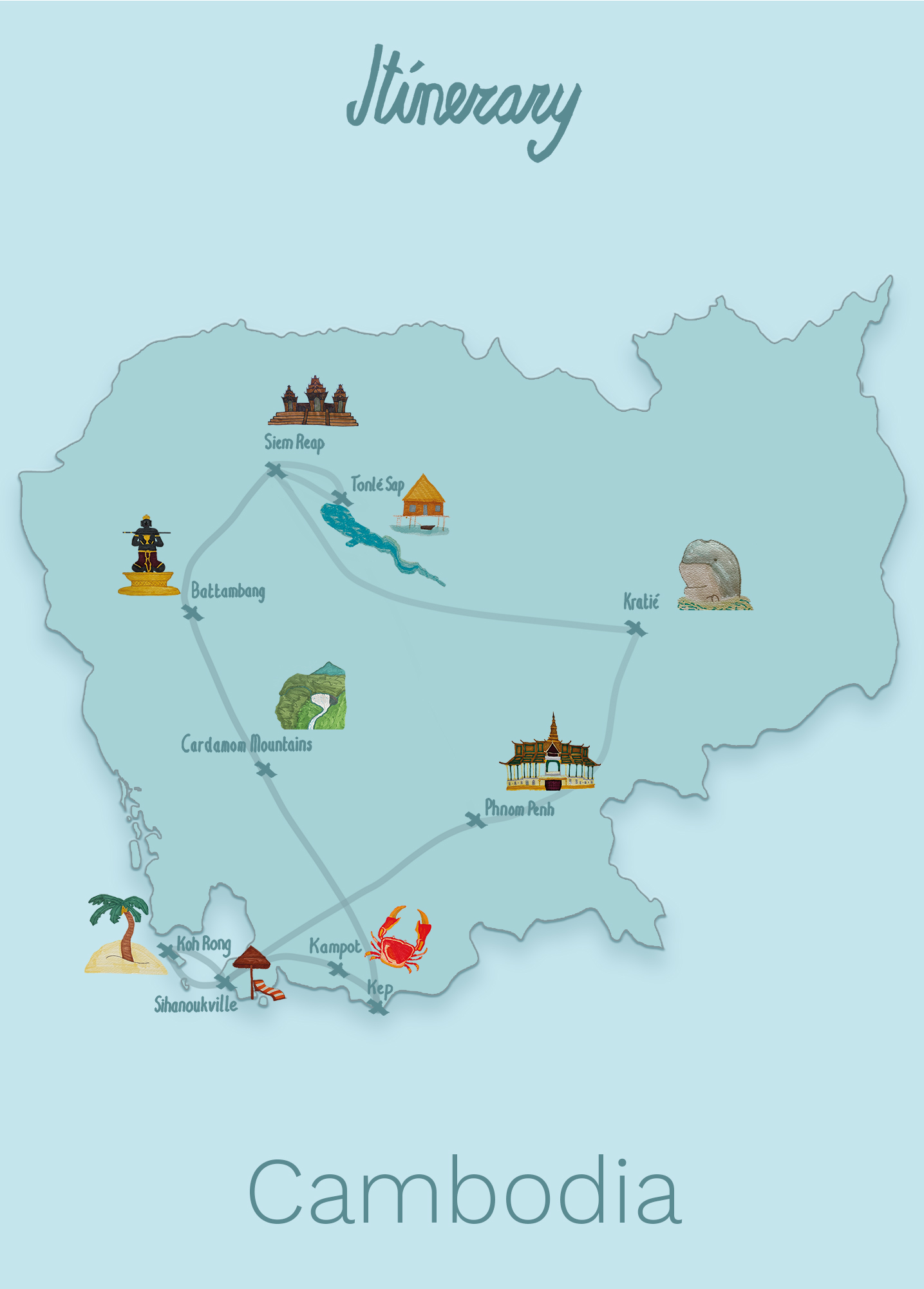An illustrated itinerary map of Cambodia