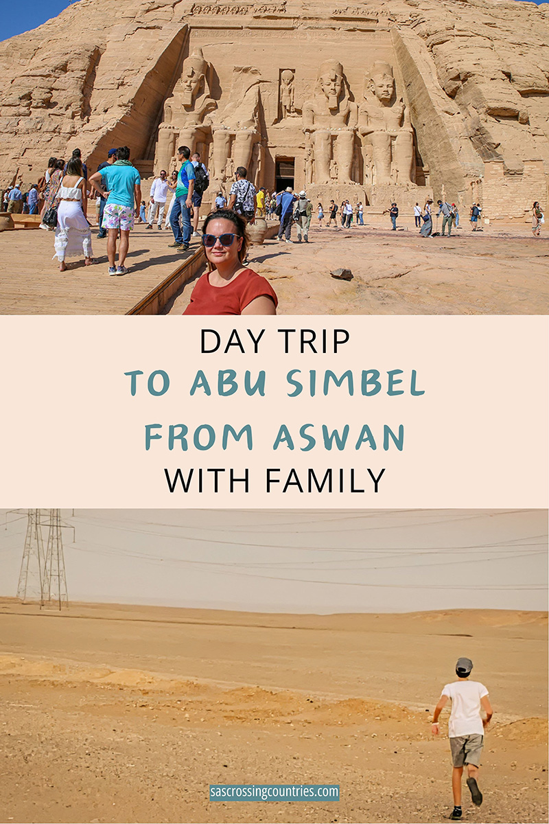 Cover image for a family travel blog post titled "Day Trip to Abu Simbel from Aswan with Family". The blog URL "www.sascrossingcountries.com" is visible at the bottom.