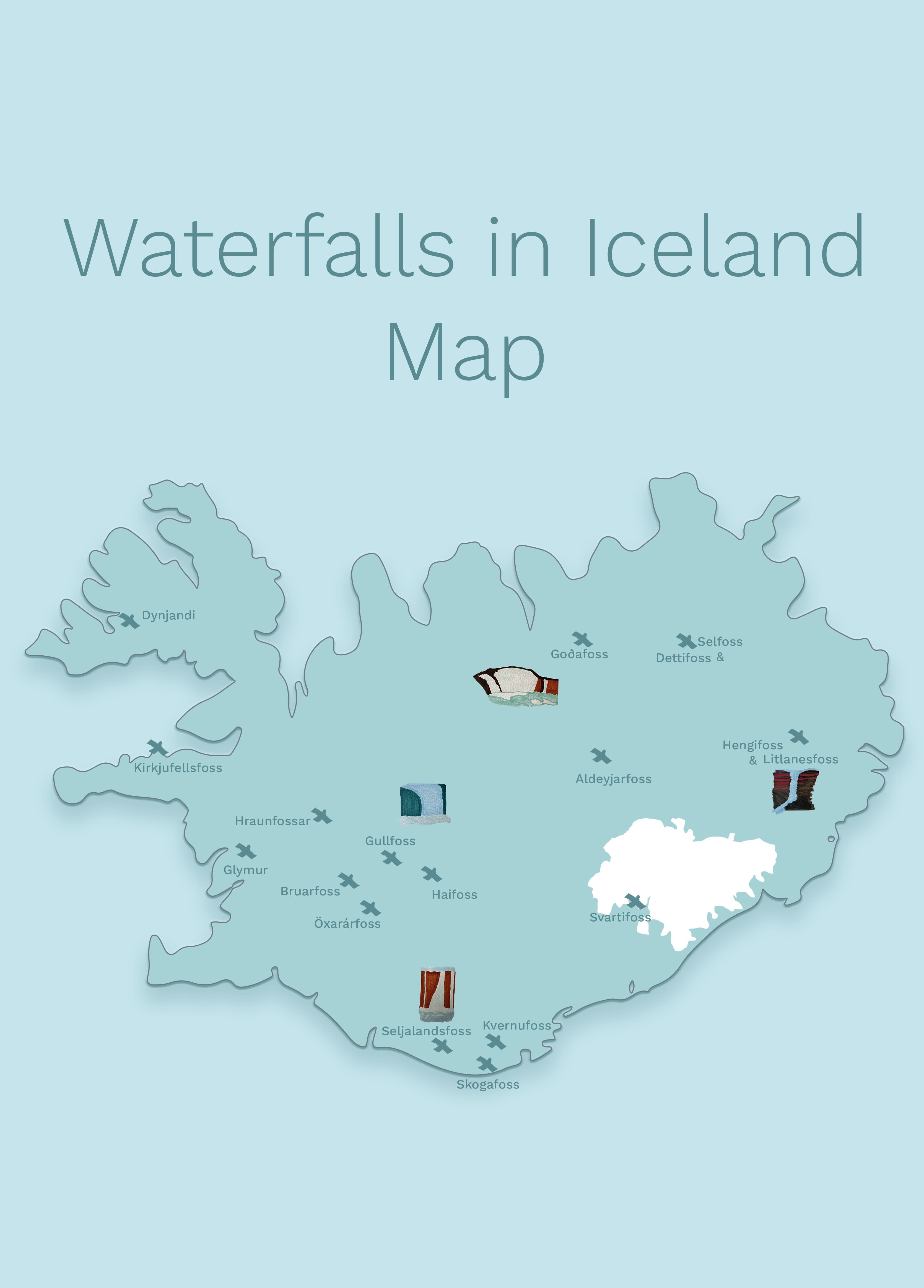 A map with the locations of 17 waterfalls in Iceland