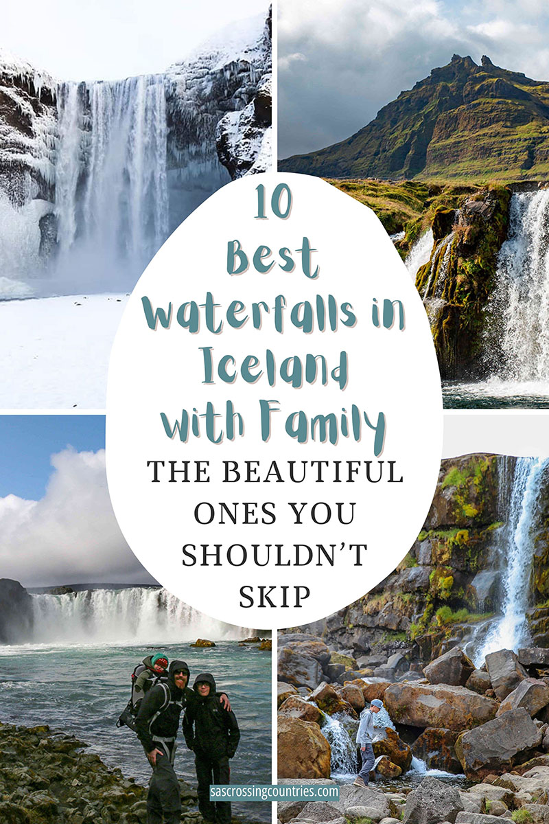 Cover image for a family travel blog post titled "10 Best Waterfalls in Iceland with family: The Beautiful Ones You Shouldn't Skip". The blog URL "www.sascrossingcountries.com" is visible at the bottom.